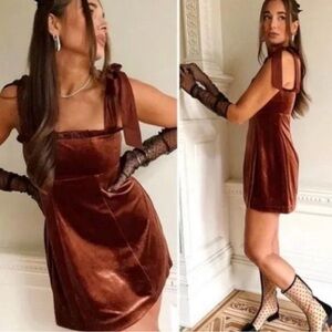 Danielle Bernstein 2X Rich Brown Velvet Tie Shoulder Ruffle Dress